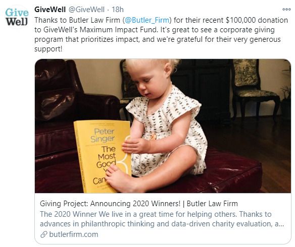 Thanks to Butler Kahn (@Butler_Firm) for their recent $100,000 donation to GiveWell's Maximum Impact Fund. It's great to see a corporate giving program that prioritizes impact, and we're grateful for their very generous support!