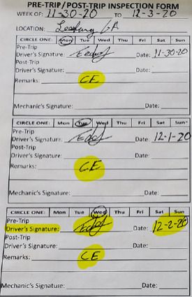 Pre-Trip Inspection Reports noting “CE” for Check Engine
