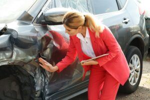 Insurance agent checking damages on car accident.