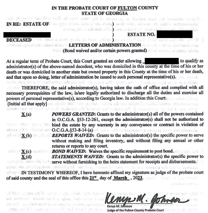 Copy of signed Letters of Administration